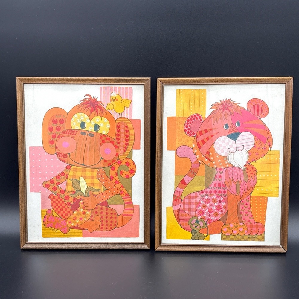 Set of 2 Vintage 1970s J. Hand Patchwork Animal Prints Framed Lion & Monkey